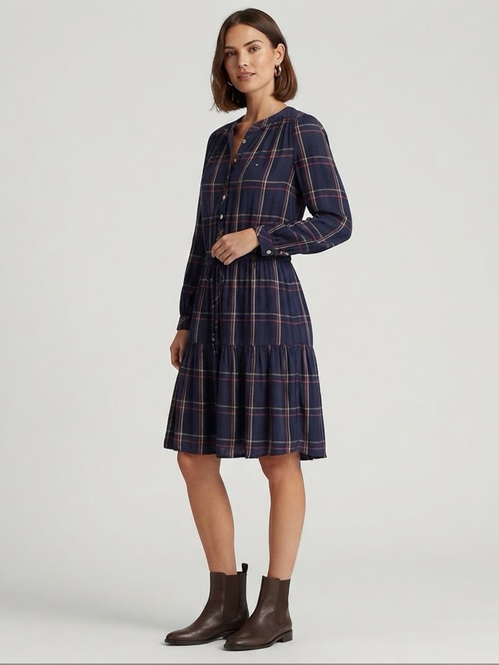 Tommy Hilfiger Women’s Windowpane Plaid Knee Length Long-Sleeve Dress, Size 10